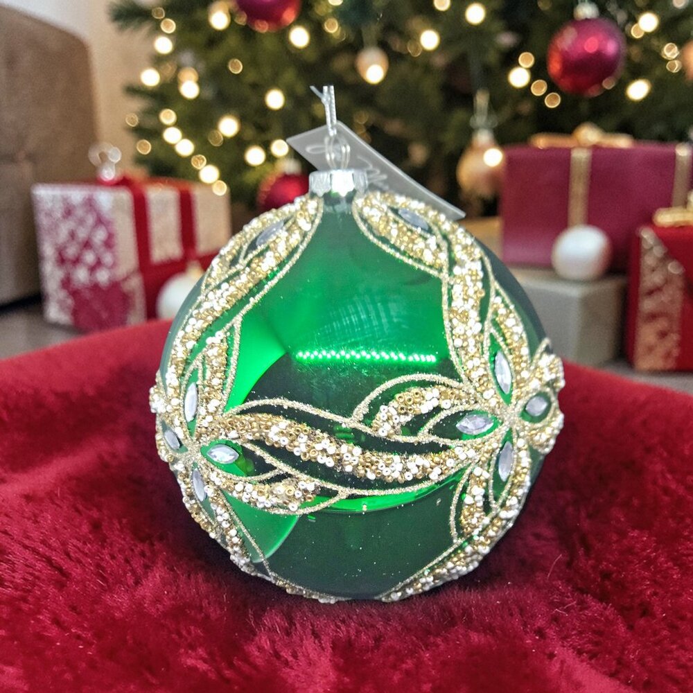 6” Emerald Green Jeweled Christmas Ornament Gold Beaded Luxe Decor - Picture 7 of 8